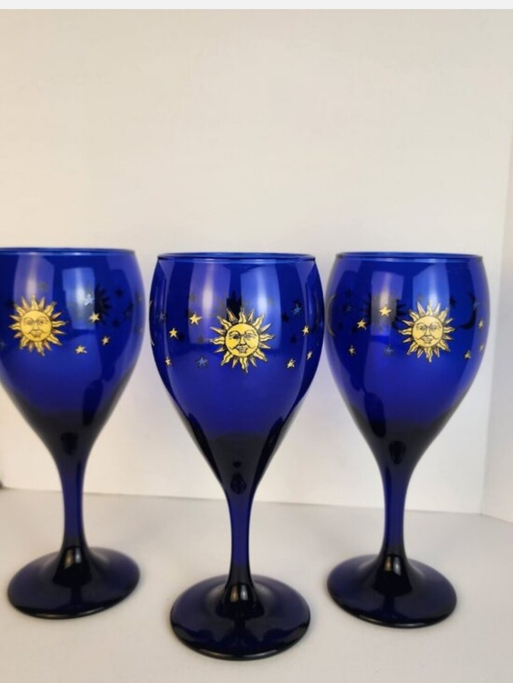 Libbey Cobalt Blue Wine Glasses with Gold Sun and Star Motif